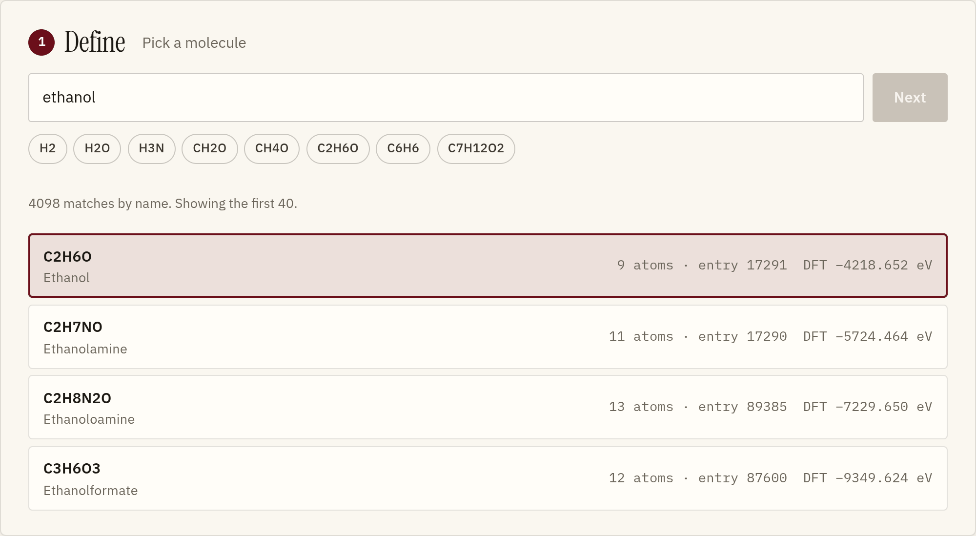 Step 1, Define: searching the catalog for ethanol; the top match is C2H6O, ethanol, 9 atoms, catalog entry 17291